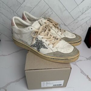 Golden Goose Ball Star LTD with glitter star and pink suede heel tab